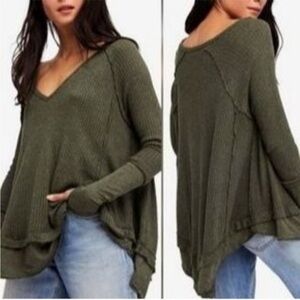 Free people waffle V-Neck Sweater in olive green
